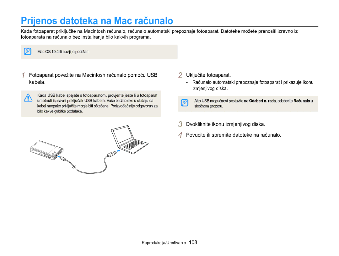 Samsung EC-MV800ZBPRE3 Prijenos datoteka na Mac računalo, Fotoaparat povežite na Macintosh računalo pomoću USB kabela 