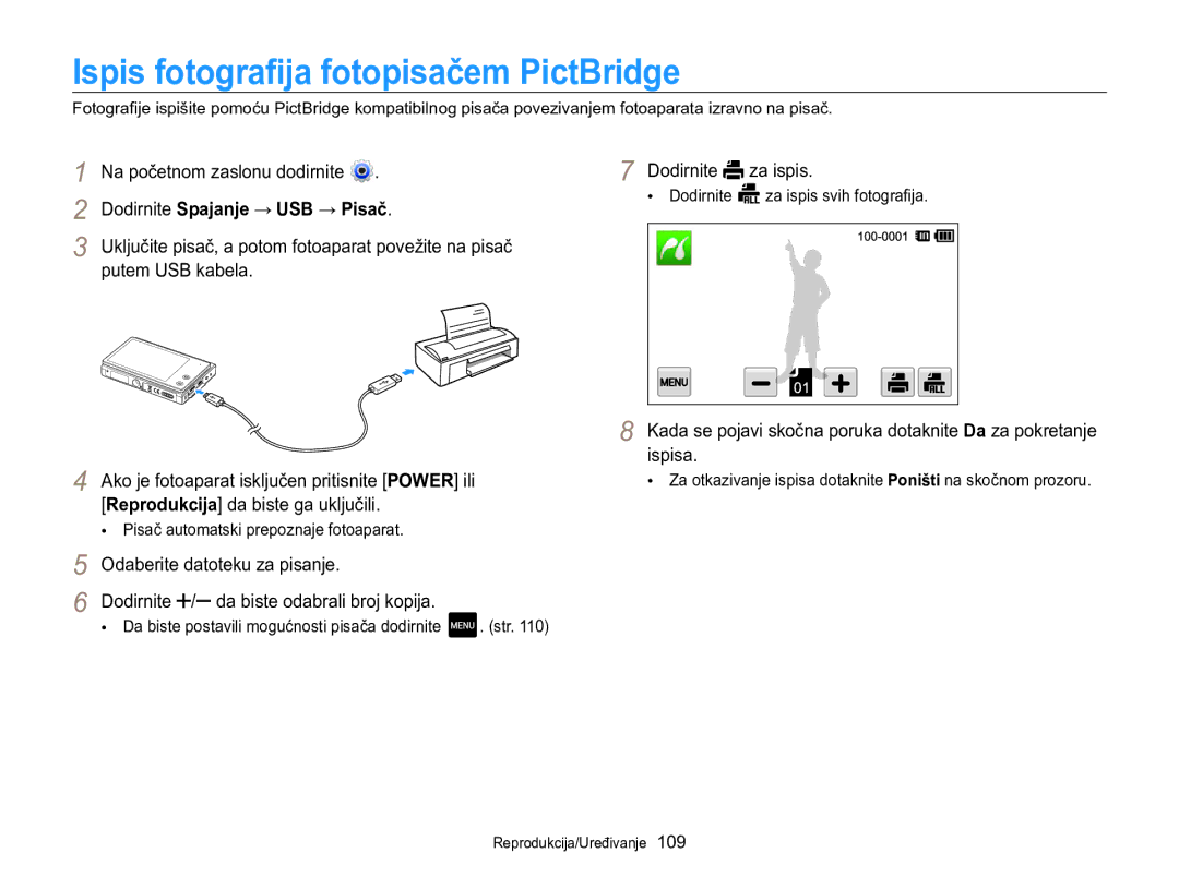 Samsung EC-MV800ZBPBE3 manual Ispis fotografija fotopisačem PictBridge, Dodirnite Spajanje → USB → Pisač, Putem USB kabela 