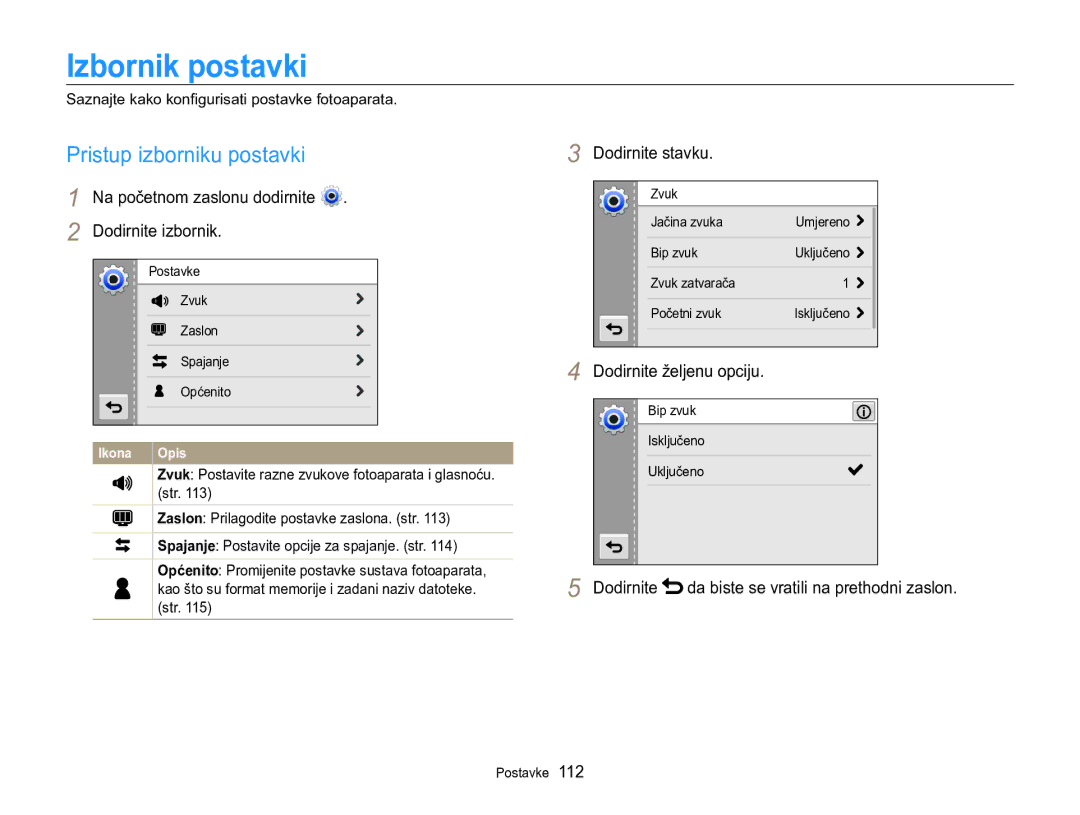 Samsung EC-MV800ZBPRE3, EC-MV800ZBPBE3 Izbornik postavki, Pristup izborniku postavki, Dodirnite izbornik, Dodirnite stavku 