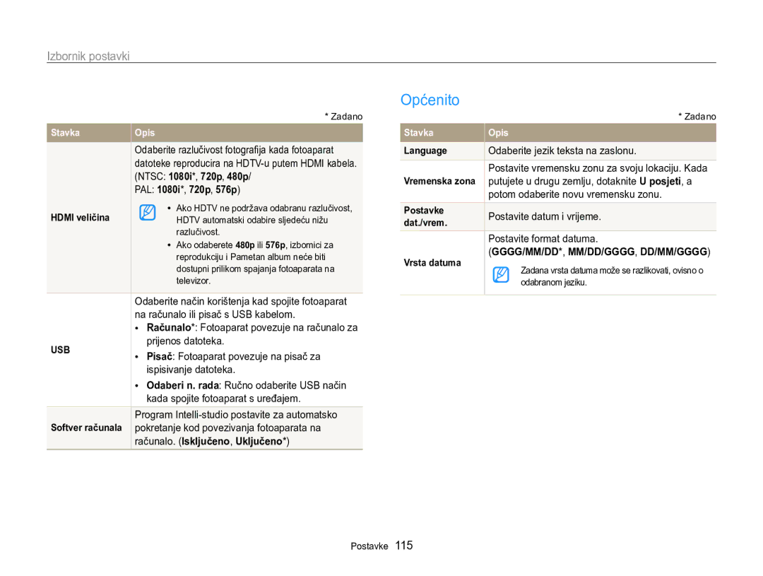 Samsung EC-MV800ZBPBE3, EC-MV800ZBPRE3 manual Općenito, PAL 1080i *, 720p , 576p, Računalo. Isključeno, Uključeno 