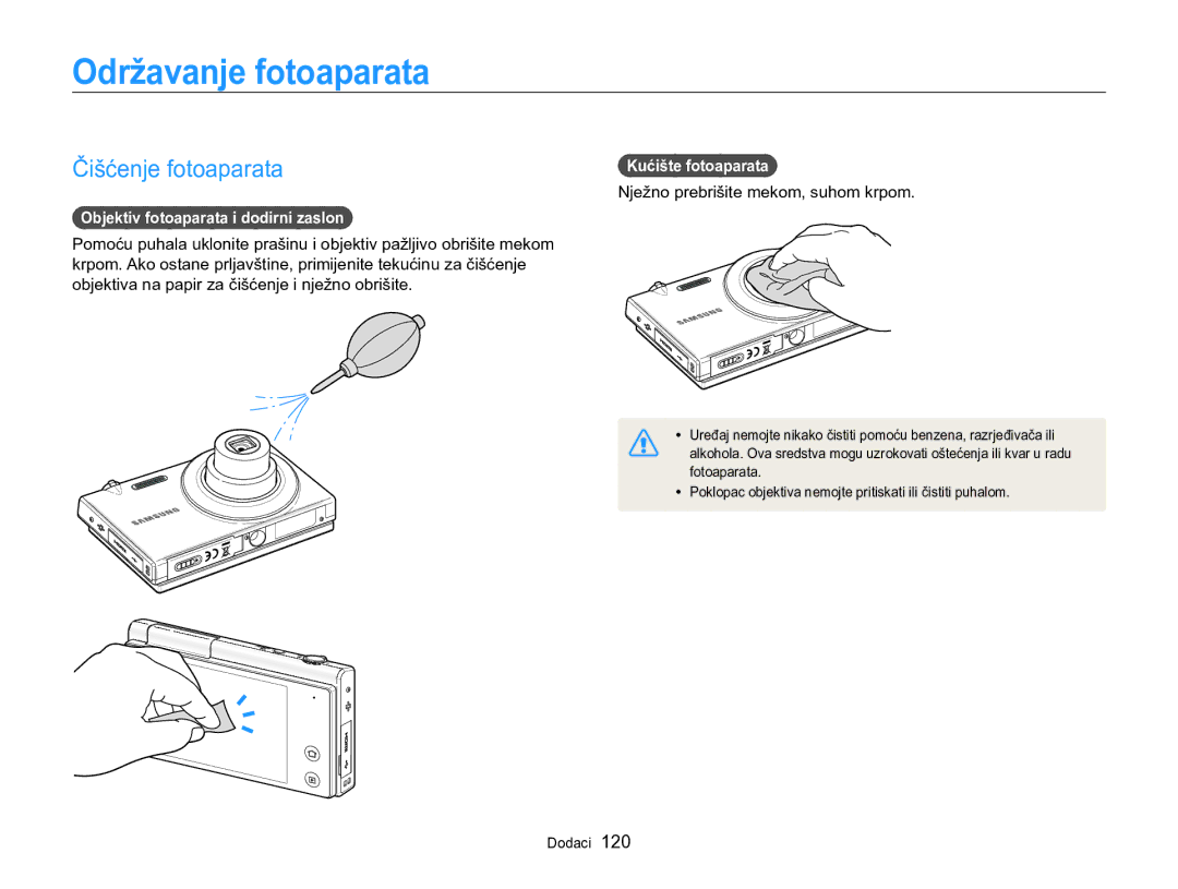 Samsung EC-MV800ZBPRE3, EC-MV800ZBPBE3 Održavanje fotoaparata, Čišćenje fotoaparata, Objektiv fotoaparata i dodirni zaslon 