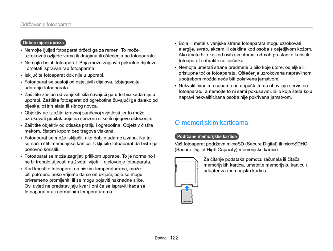 Samsung EC-MV800ZBPRE3, EC-MV800ZBPBE3 manual Memorijskim karticama, Ostale mjere opreza, Podržane memorijske kartice 