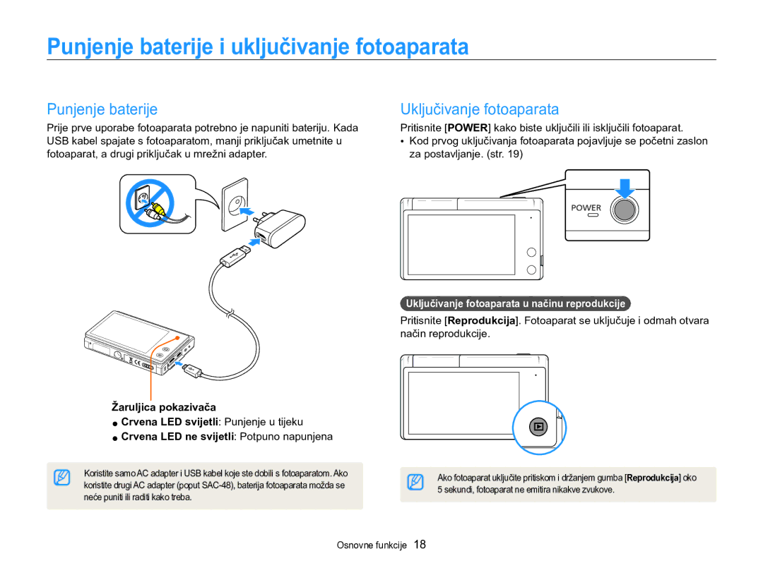 Samsung EC-MV800ZBPRE3, EC-MV800ZBPBE3 manual Punjenje baterije i uključivanje fotoaparata, Uključivanje fotoaparata 