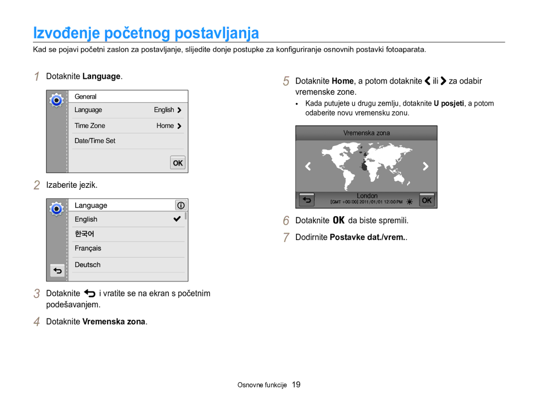 Samsung EC-MV800ZBPBE3 manual Izvođenje početnog postavljanja, Dotaknite Vremenska zona, Dodirnite Postavke dat./vrem 