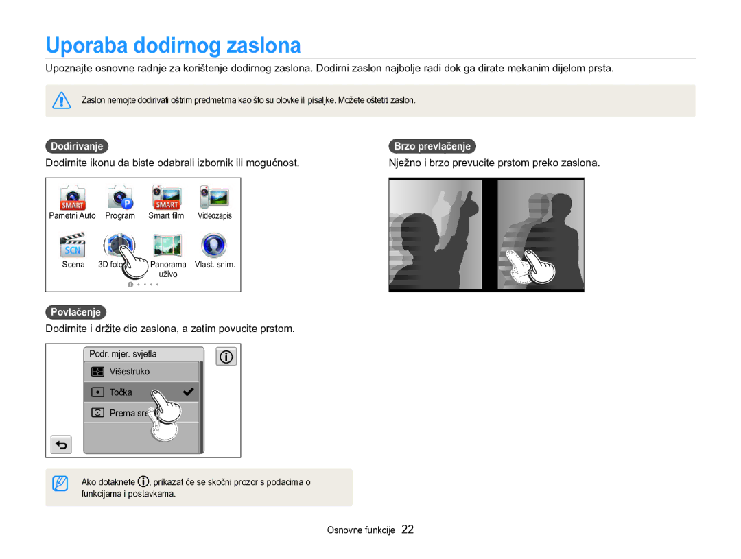 Samsung EC-MV800ZBPRE3, EC-MV800ZBPBE3 manual Uporaba dodirnog zaslona, Dodirivanje Brzo prevlačenje, Povlačenje 