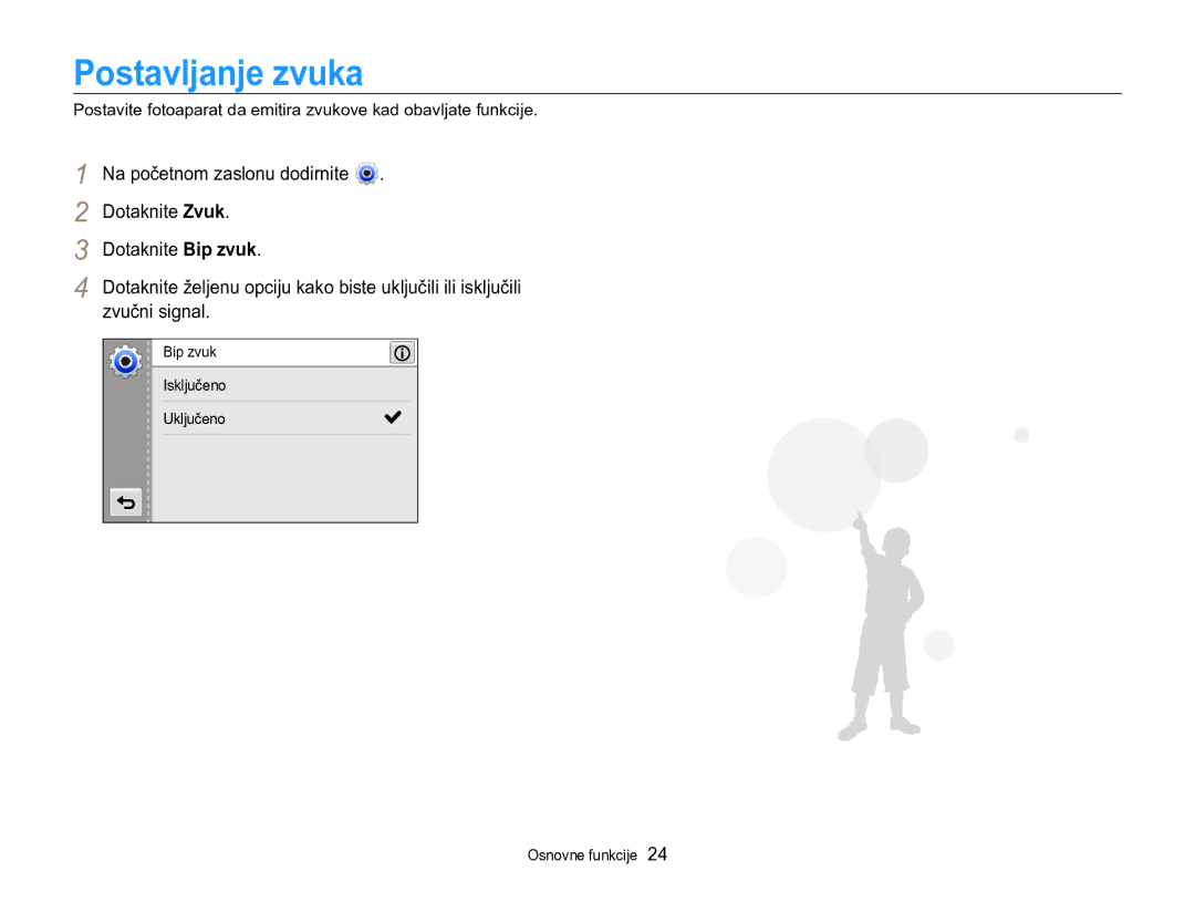 Samsung EC-MV800ZBPRE3, EC-MV800ZBPBE3 manual Postavljanje zvuka, Dotaknite Zvuk Dotaknite Bip zvuk, Zvučni signal 