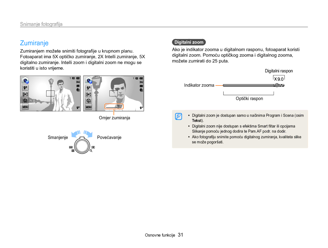 Samsung EC-MV800ZBPBE3, EC-MV800ZBPRE3 manual Zumiranje, Snimanje fotografija, Digitalni zoom 