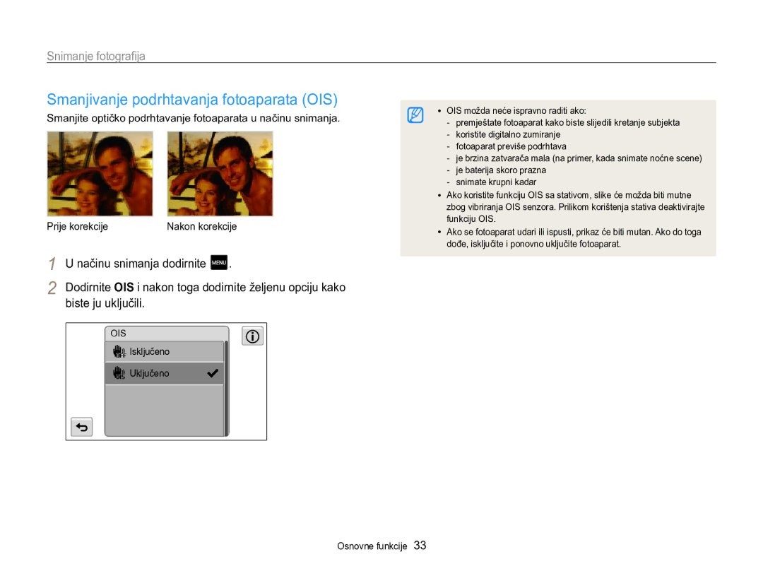 Samsung EC-MV800ZBPBE3, EC-MV800ZBPRE3 manual Smanjivanje podrhtavanja fotoaparata OIS, Biste ju uključili 
