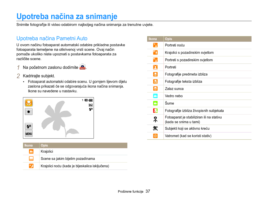 Samsung EC-MV800ZBPBE3, EC-MV800ZBPRE3 manual Upotreba načina za snimanje, Upotreba načina Pametni Auto 