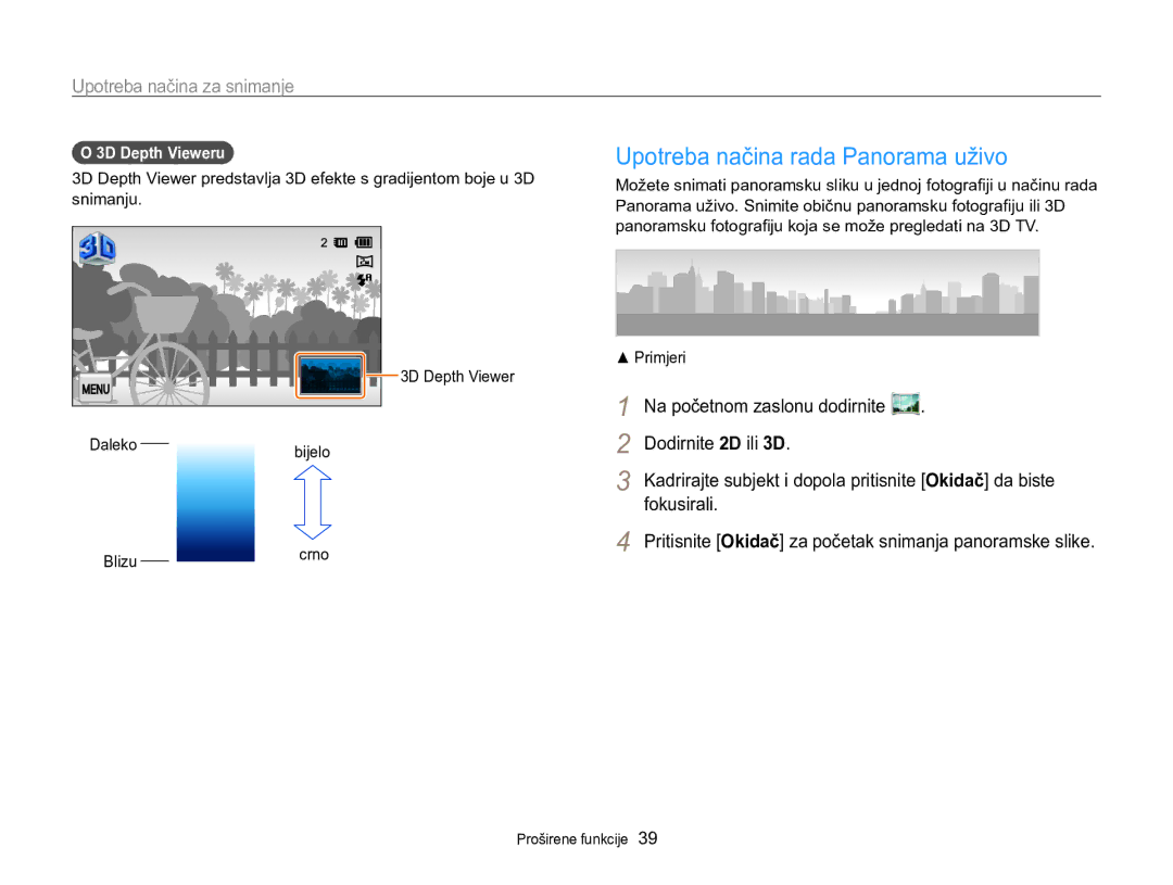 Samsung EC-MV800ZBPBE3 manual Upotreba načina rada Panorama uživo, Dodirnite 2D ili 3D, Fokusirali, 3D Depth Vieweru 