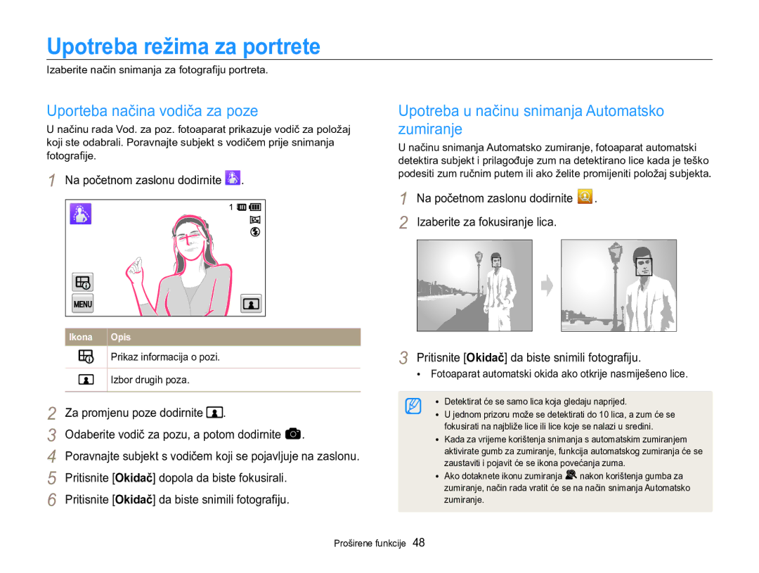 Samsung EC-MV800ZBPRE3 manual Upotreba režima za portrete, Uporteba načina vodiča za poze, Izaberite za fokusiranje lica 