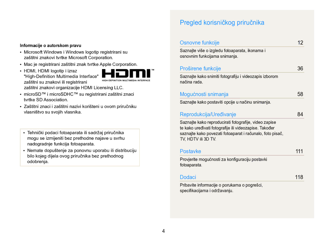 Samsung EC-MV800ZBPRE3, EC-MV800ZBPBE3 manual Pregled korisničkog priručnika, Informacije o autorskom pravu 