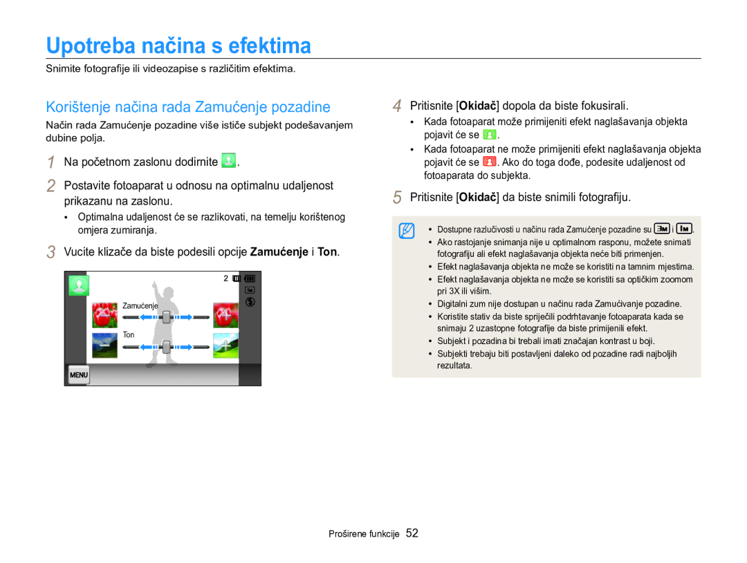 Samsung EC-MV800ZBPRE3 manual Upotreba načina s efektima, Korištenje načina rada Zamućenje pozadine, Prikazanu na zaslonu 