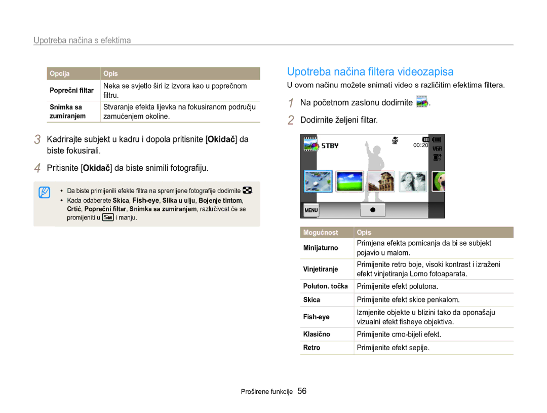 Samsung EC-MV800ZBPRE3, EC-MV800ZBPBE3 manual Upotreba načina filtera videozapisa 