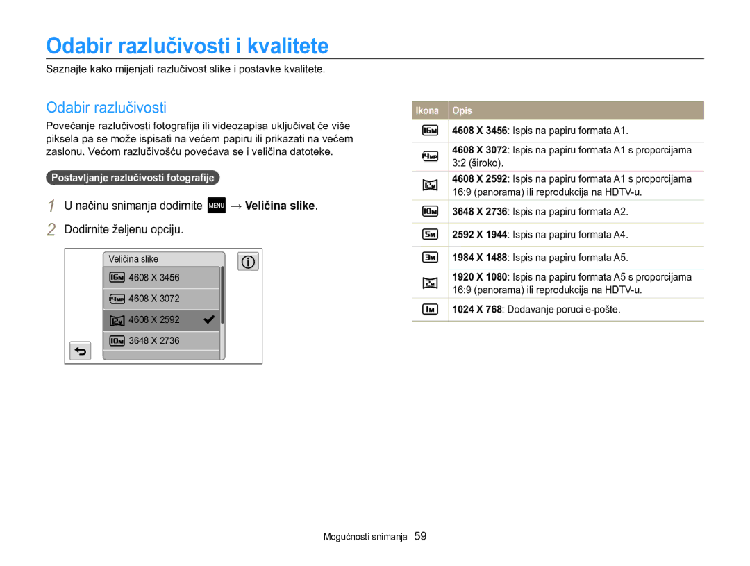 Samsung EC-MV800ZBPBE3 Odabir razlučivosti i kvalitete, Dodirnite željenu opciju, Postavljanje razlučivosti fotografije 