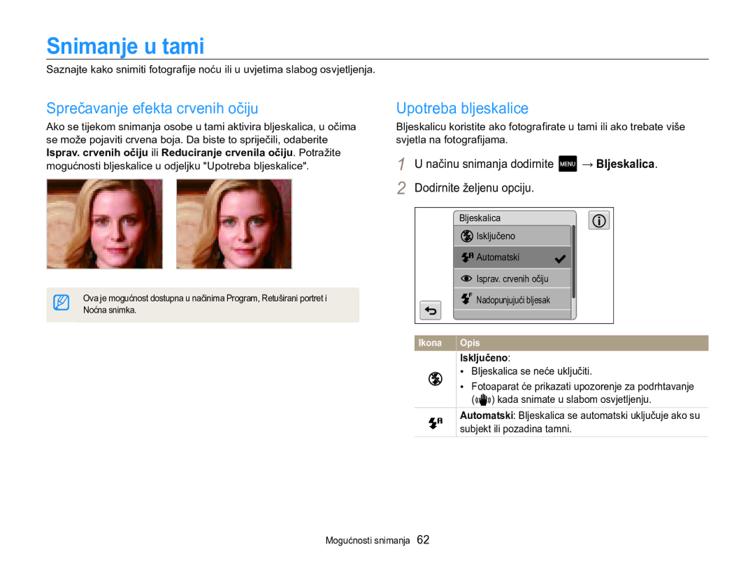 Samsung EC-MV800ZBPRE3, EC-MV800ZBPBE3 Snimanje u tami, Sprečavanje efekta crvenih očiju, Upotreba bljeskalice, Isključeno 