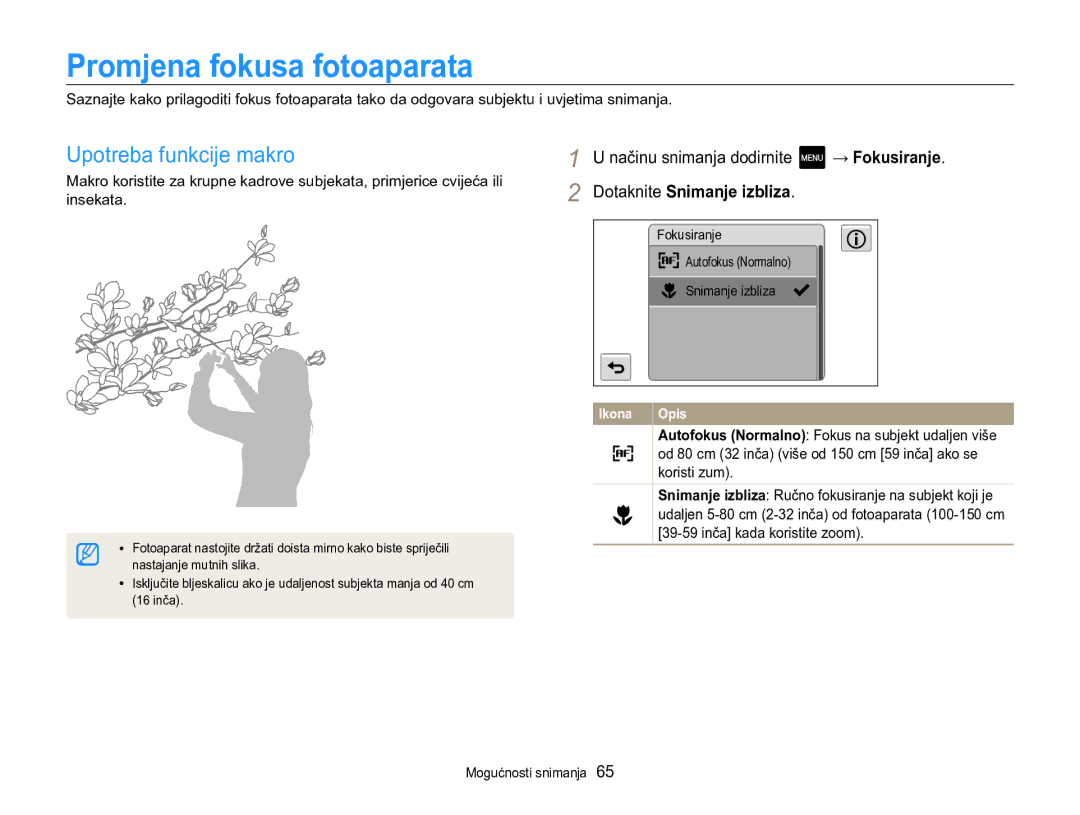 Samsung EC-MV800ZBPBE3 manual Promjena fokusa fotoaparata, Upotreba funkcije makro, Načinu snimanja dodirnite → Fokusiranje 