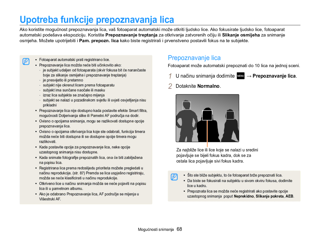 Samsung EC-MV800ZBPRE3, EC-MV800ZBPBE3 manual Upotreba funkcije prepoznavanja lica, Prepoznavanje lica 