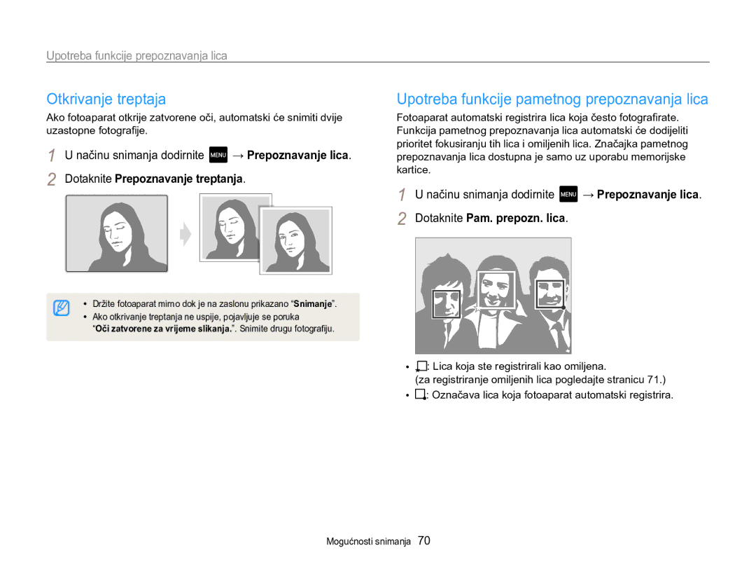 Samsung EC-MV800ZBPRE3, EC-MV800ZBPBE3 manual Otkrivanje treptaja, Upotreba funkcije pametnog prepoznavanja lica 
