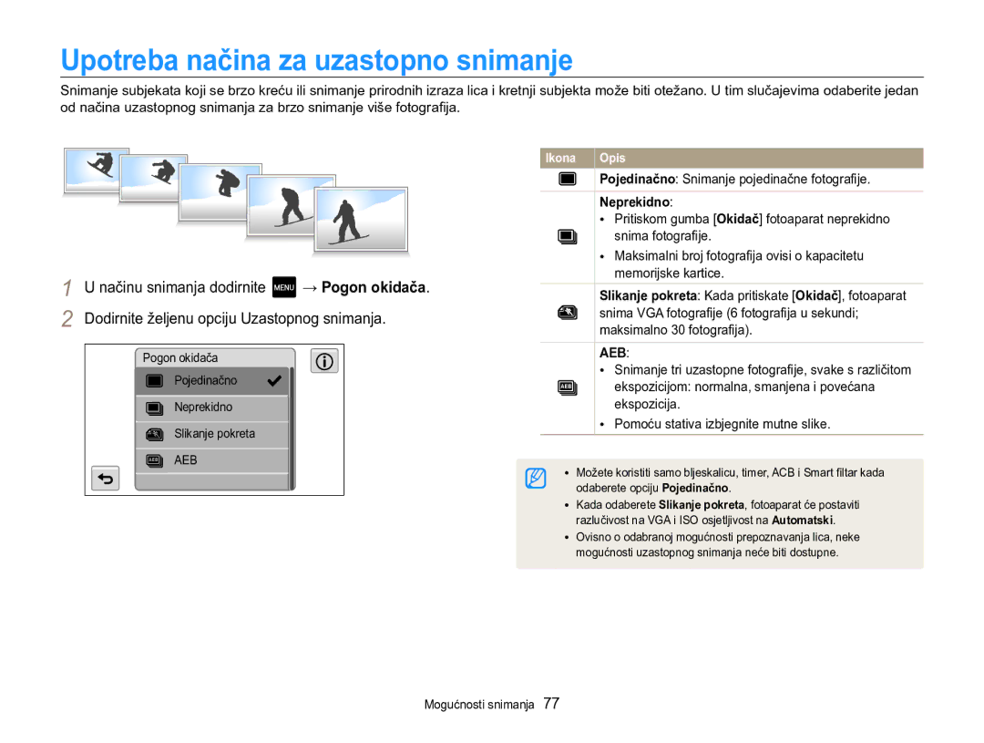 Samsung EC-MV800ZBPBE3, EC-MV800ZBPRE3 manual Upotreba načina za uzastopno snimanje, Neprekidno 