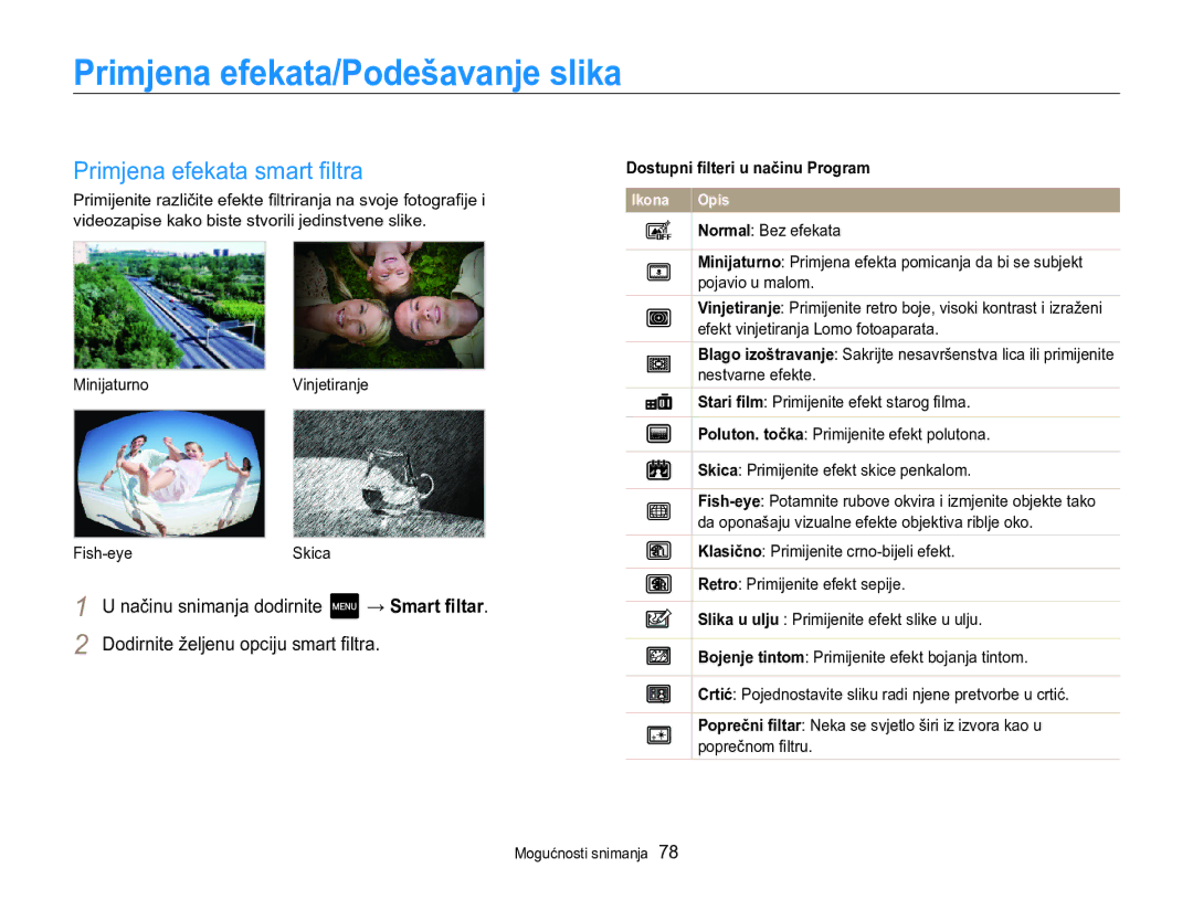 Samsung EC-MV800ZBPRE3, EC-MV800ZBPBE3 manual Primjena efekata/Podešavanje slika, Primjena efekata smart filtra 