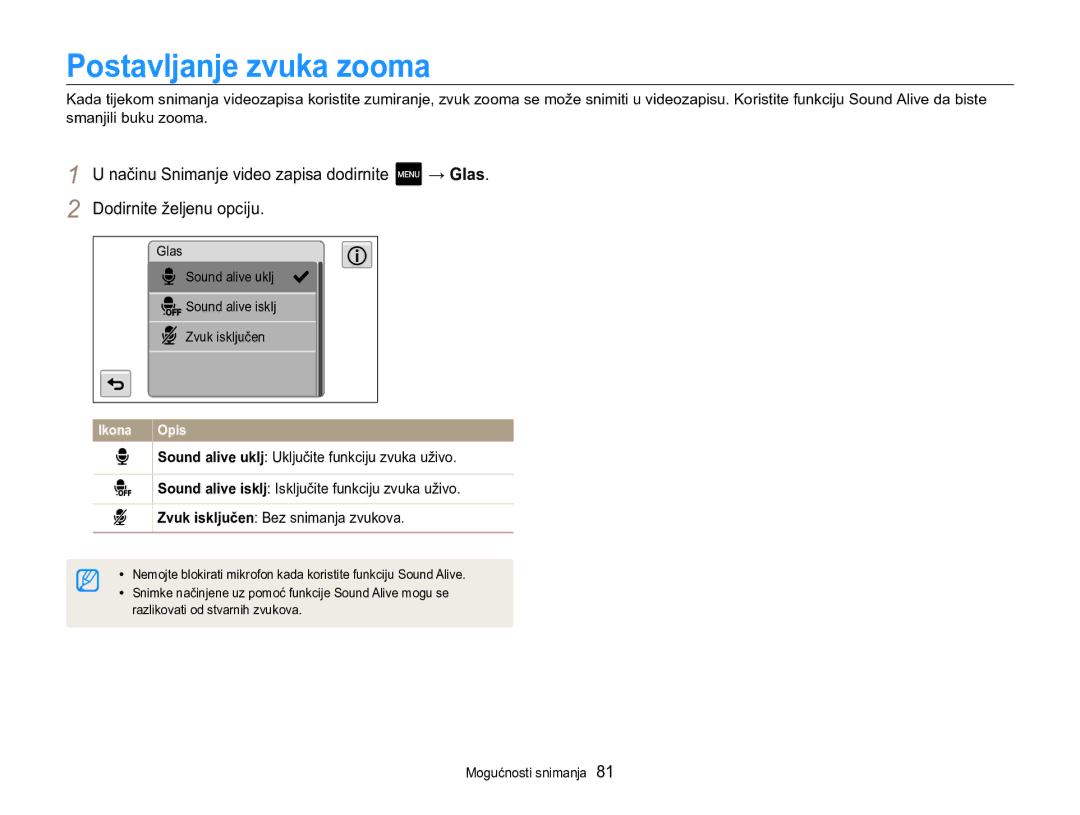 Samsung EC-MV800ZBPBE3, EC-MV800ZBPRE3 manual Postavljanje zvuka zooma 