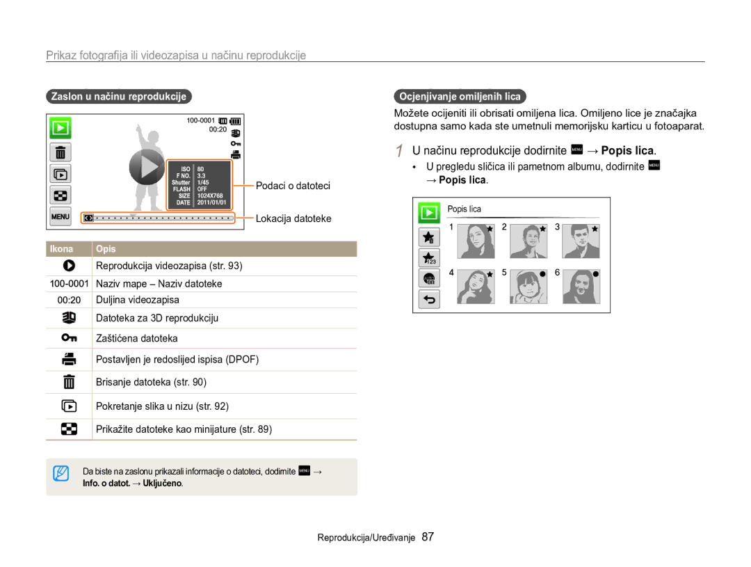 Samsung EC-MV800ZBPBE3, EC-MV800ZBPRE3 manual Podaci o datoteci, Načinu reprodukcije dodirnite 