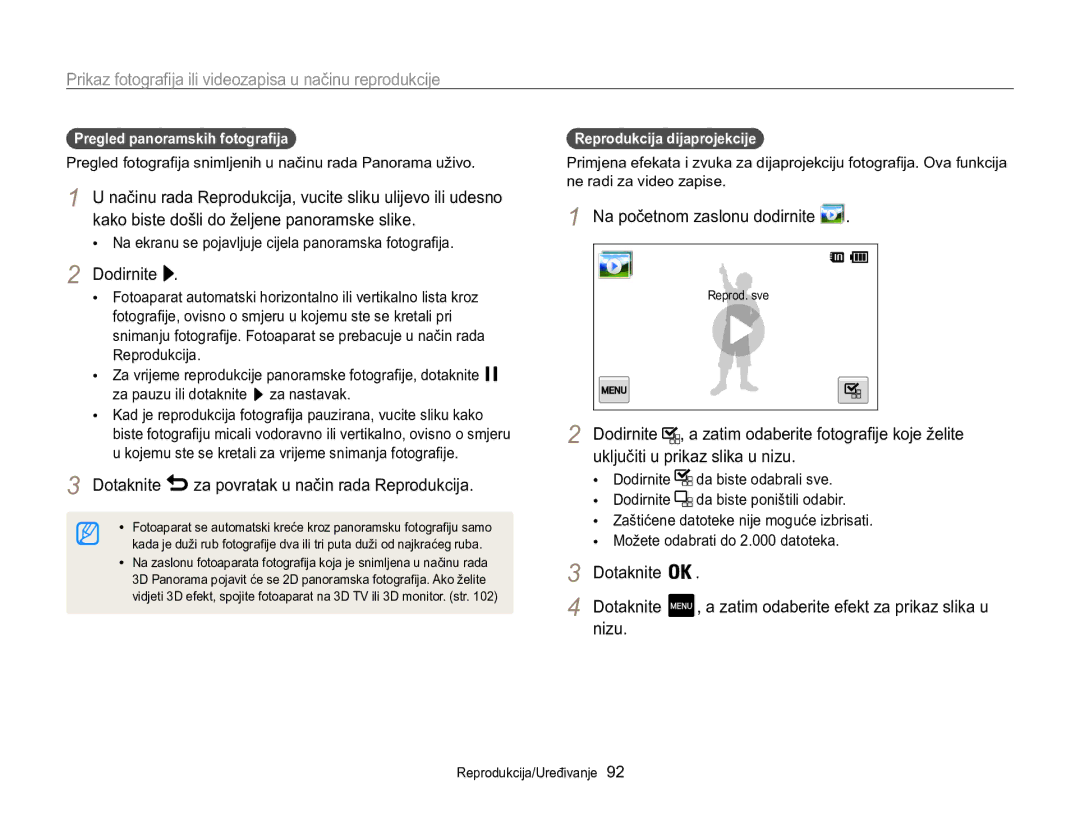 Samsung EC-MV800ZBPRE3, EC-MV800ZBPBE3 Dotaknite za povratak u način rada Reprodukcija, Pregled panoramskih fotografija 