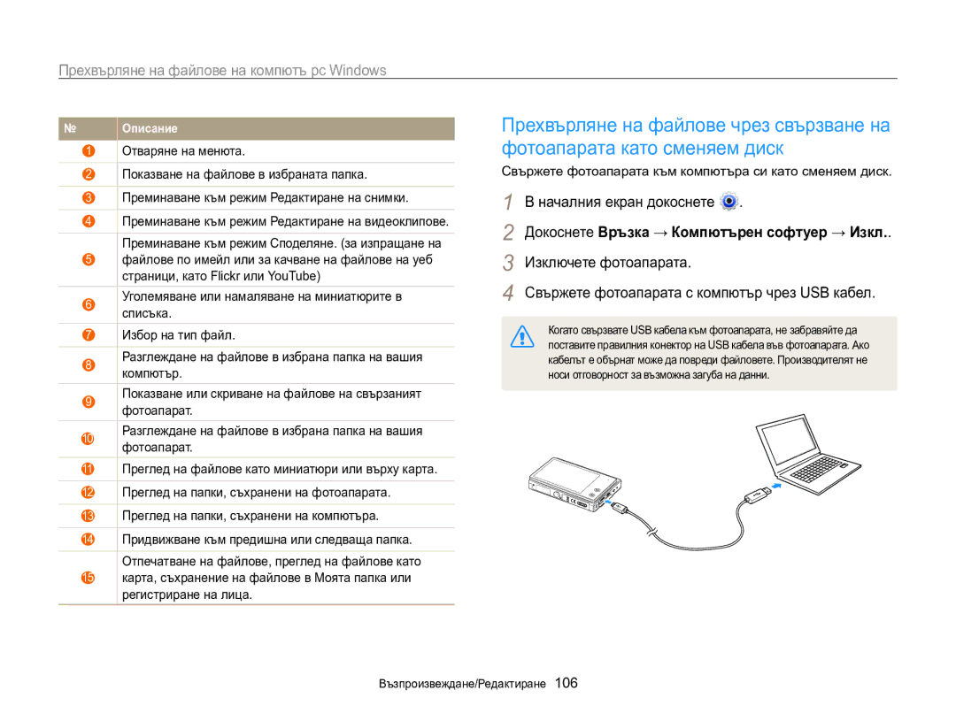 Samsung EC-MV800ZBPBE3 Фотоапарата като сменяем диск, Изключете фотоапарата, Докоснете Връзка → Компютърен софтуер → Изкл 