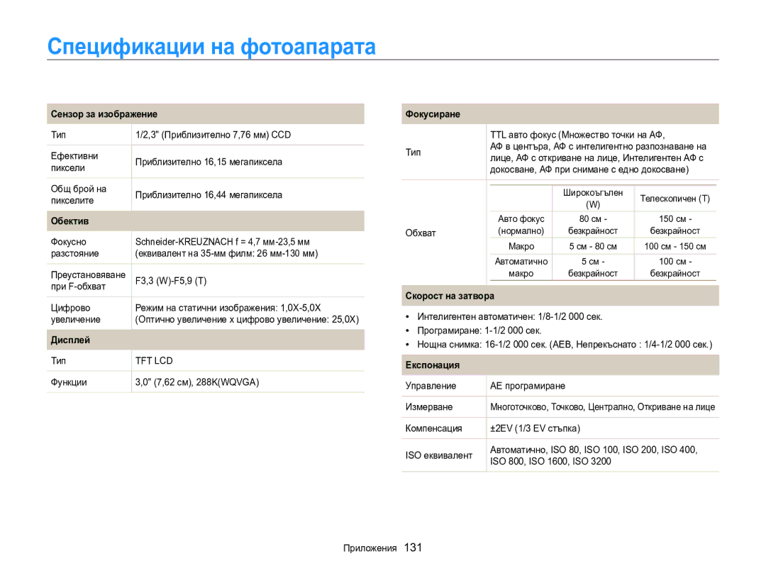 Samsung EC-MV800ZBPBE3 manual Спецификации на фотоапарата 