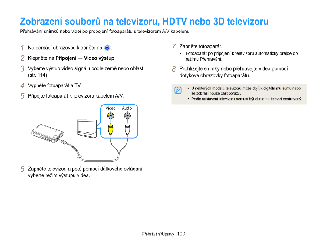 Samsung EC-MV800ZBPBE3 Zobrazení souborů na televizoru, Hdtv nebo 3D televizoru, Klepněte na Připojení → Video výstup 