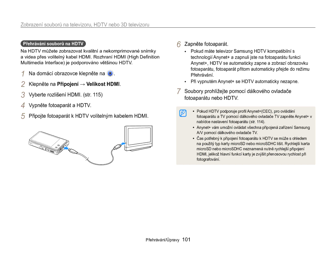 Samsung EC-MV800ZBPBE3 Zobrazení souborů na televizoru, Hdtv nebo 3D televizoru, Klepněte na Připojení → Velikost Hdmi 