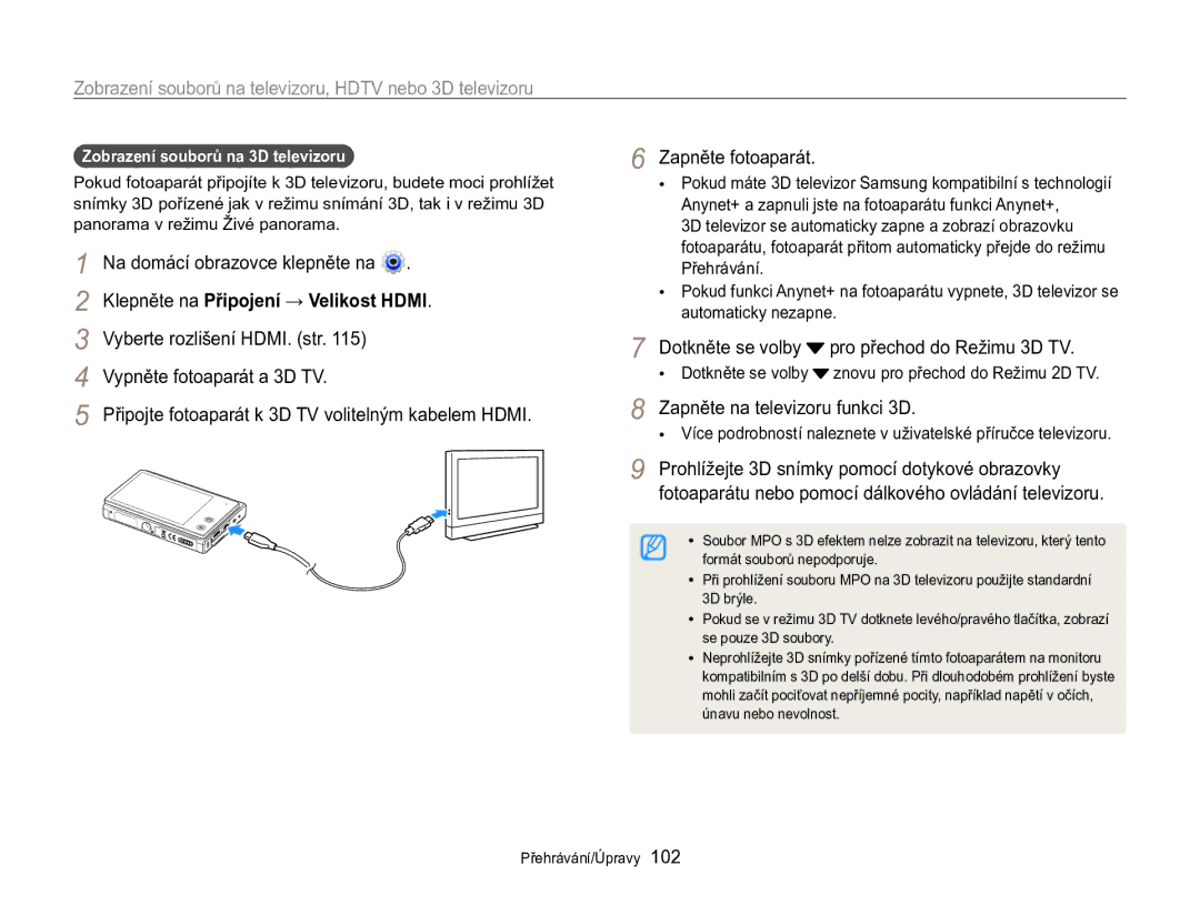 Samsung EC-MV800ZBPBE3 manual Zapněte na televizoru funkci 3D, Zobrazení souborů na 3D televizoru 