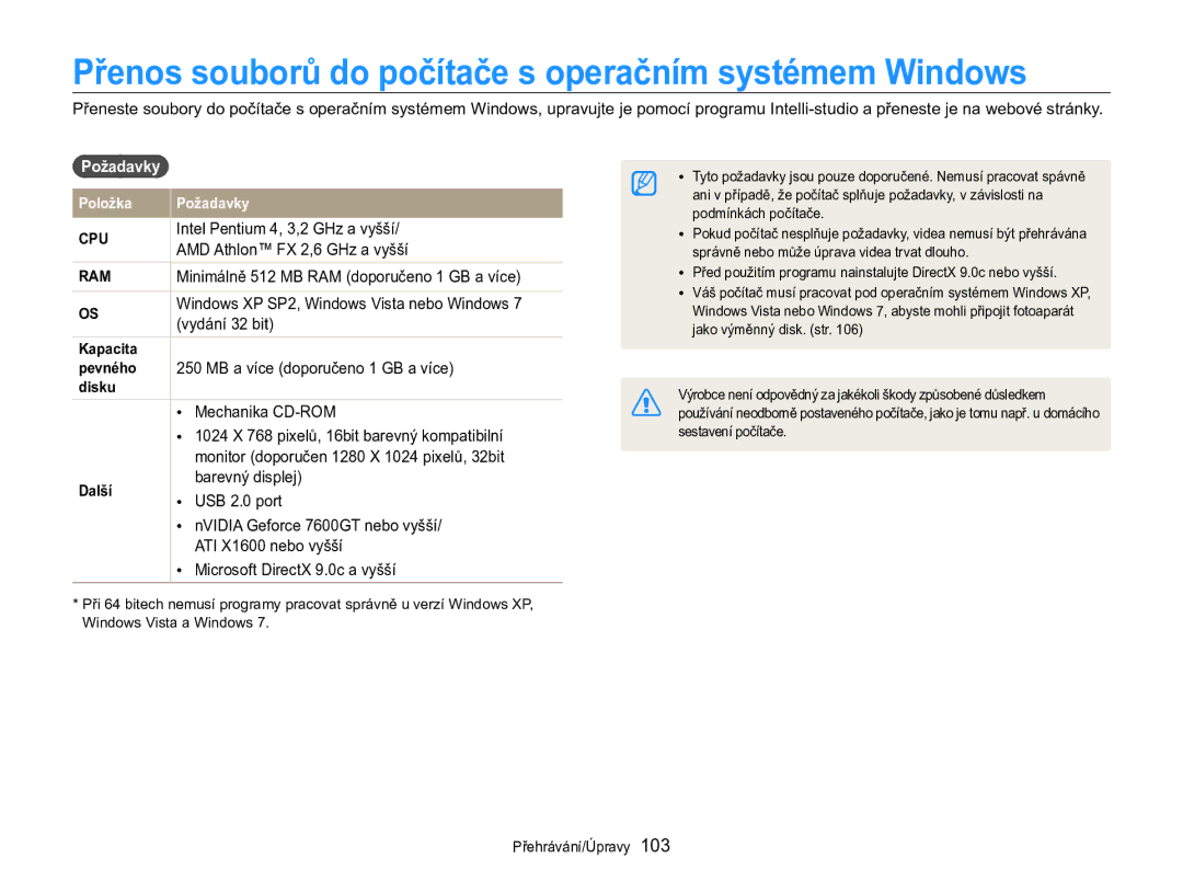 Samsung EC-MV800ZBPBE3 manual Přenos souborů do počítače s operačním systémem Windows, Požadavky 