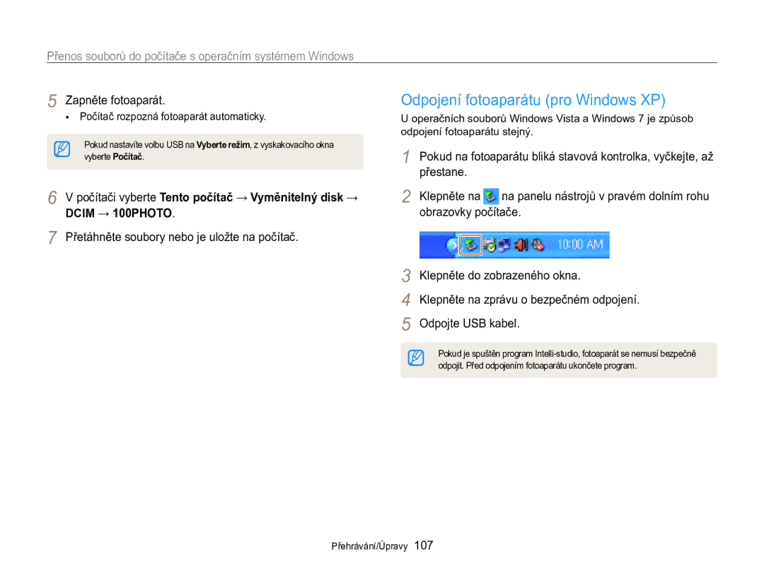 Samsung EC-MV800ZBPBE3 manual Odpojení fotoaparátu pro Windows XP, Přetáhněte soubory nebo je uložte na počítač 