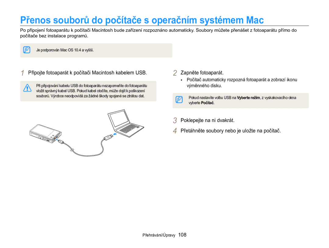 Samsung EC-MV800ZBPBE3 manual Přenos souborů do počítače s operačním systémem Mac 