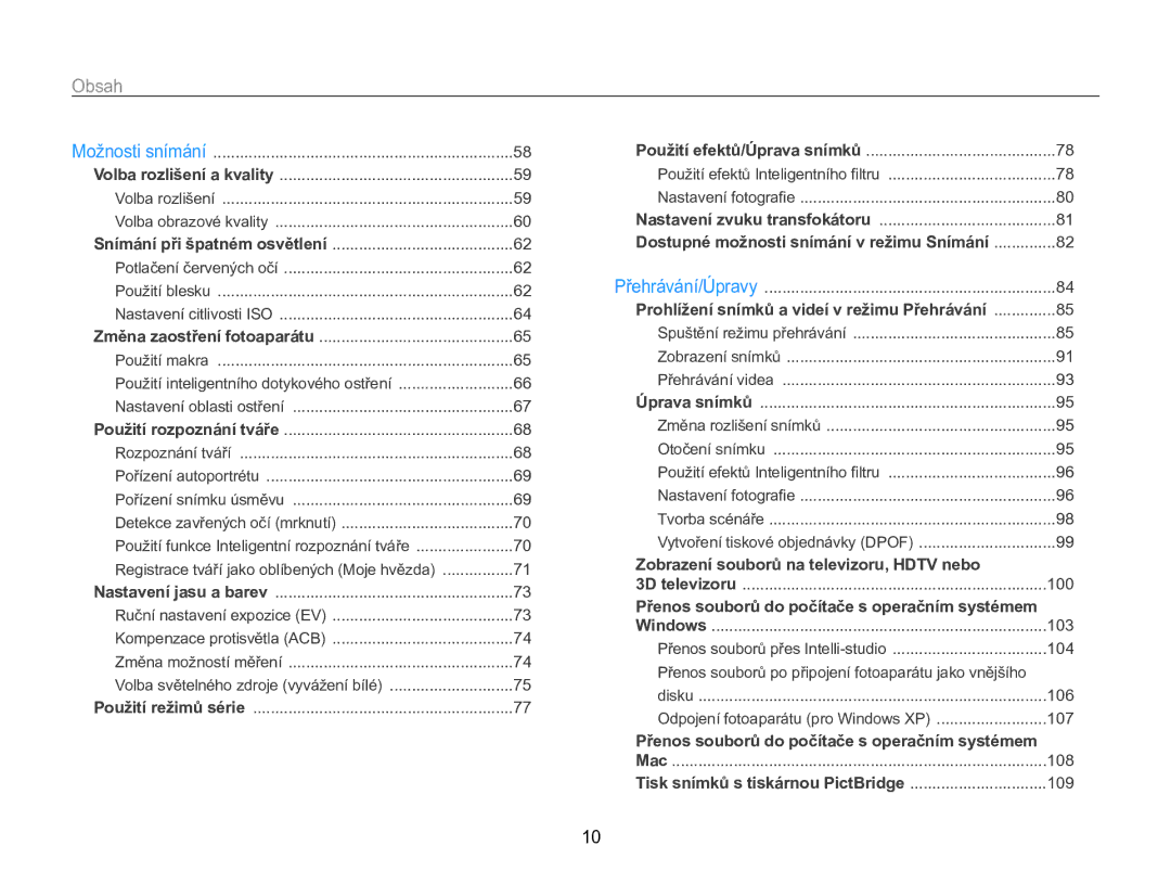 Samsung EC-MV800ZBPBE3 manual Obsah﻿, Detekce zavřených očí mrknutí 