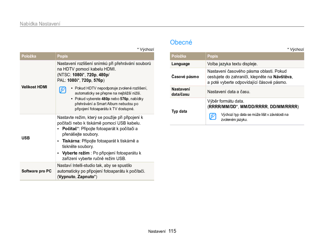 Samsung EC-MV800ZBPBE3 manual Obecné, PAL 1080i *, 720p , 576p 