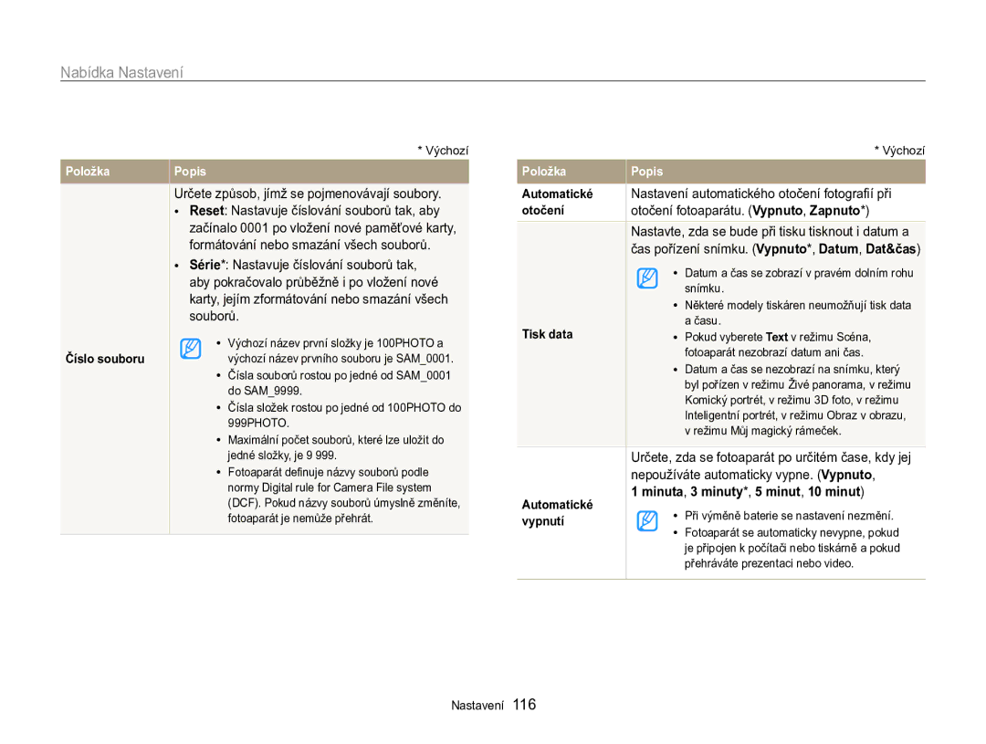 Samsung EC-MV800ZBPBE3 manual Určete způsob, jímž se pojmenovávají soubory, Otočení fotoaparátu. Vypnuto, Zapnuto 