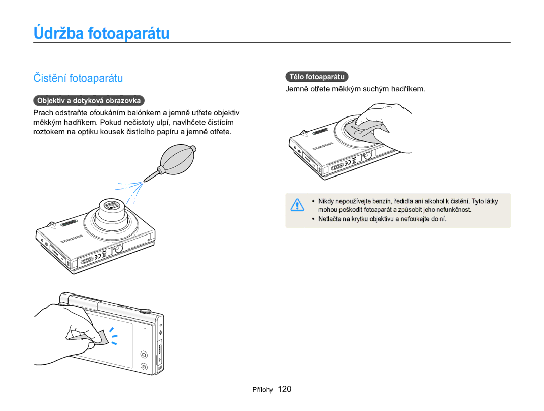 Samsung EC-MV800ZBPBE3 manual Údržba fotoaparátu, Čistění fotoaparátu, Objektiv a dotyková obrazovka, Tělo fotoaparátu 