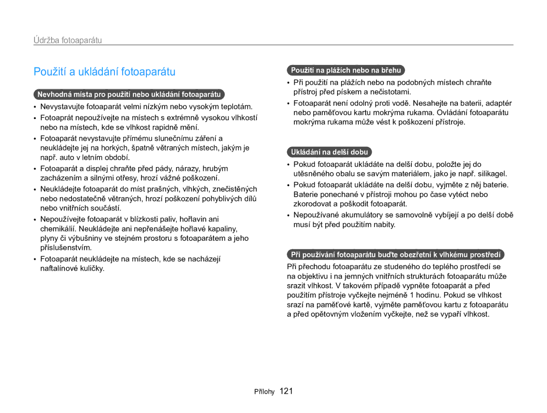 Samsung EC-MV800ZBPBE3 manual Použití a ukládání fotoaparátu, Údržba fotoaparátu, Použití na plážích nebo na břehu 