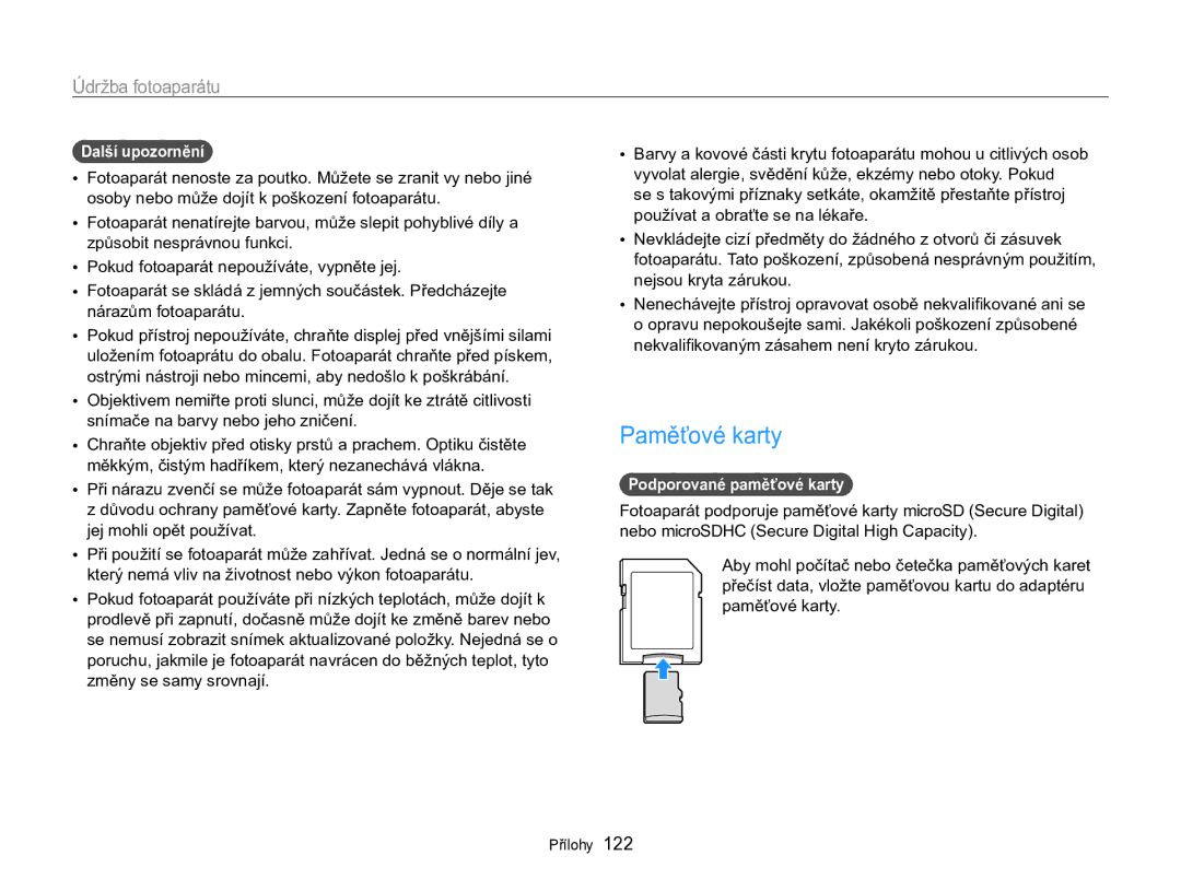 Samsung EC-MV800ZBPBE3 manual Paměťové karty, Další upozornění, Podporované paměťové karty 