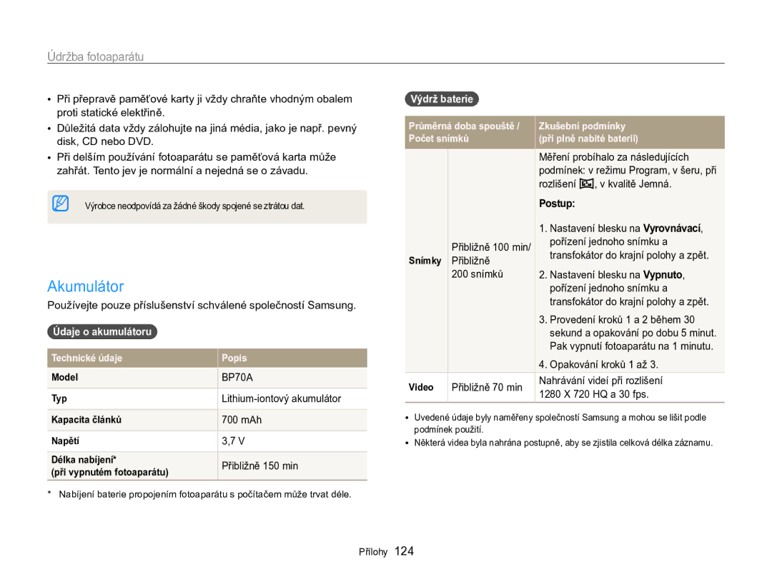 Samsung EC-MV800ZBPBE3 manual Akumulátor, Údaje o akumulátoru, Výdrž baterie 