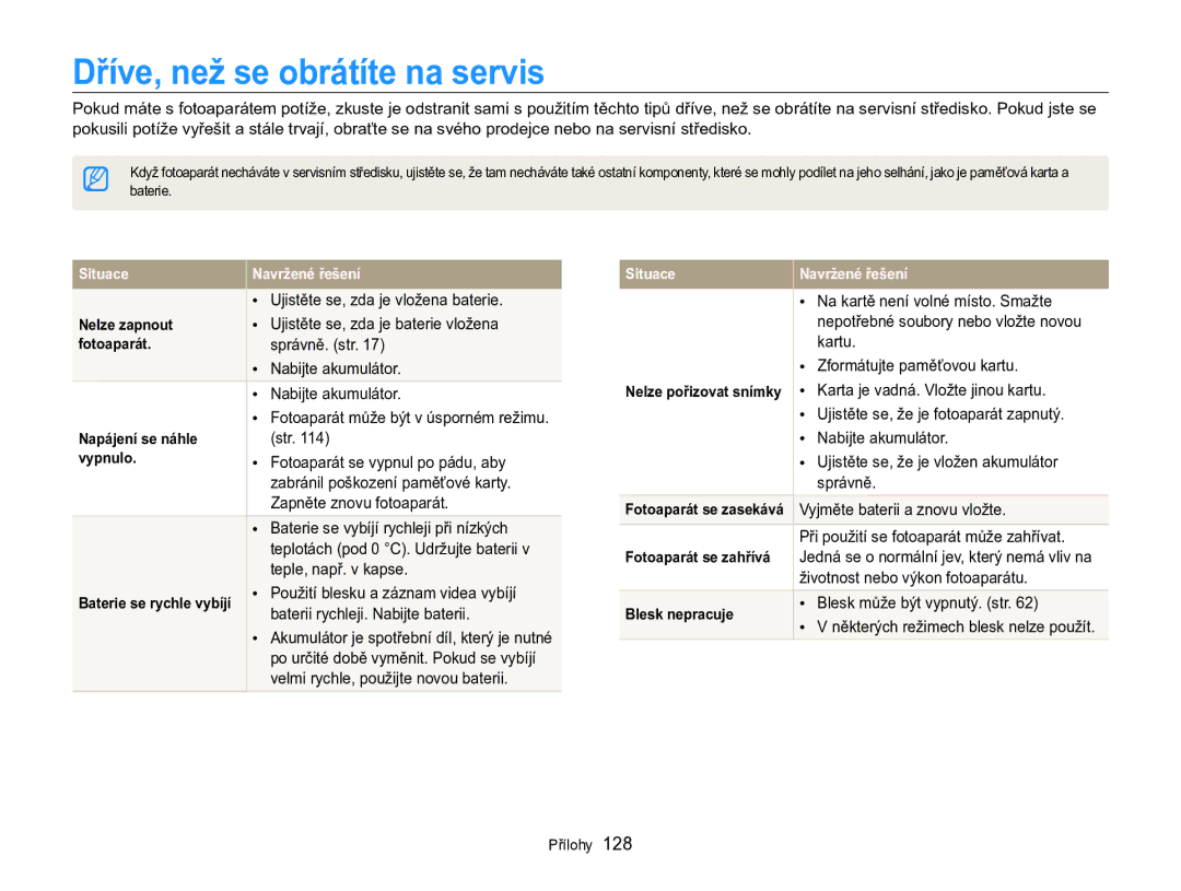 Samsung EC-MV800ZBPBE3 manual Dříve, než se obrátíte na servis 