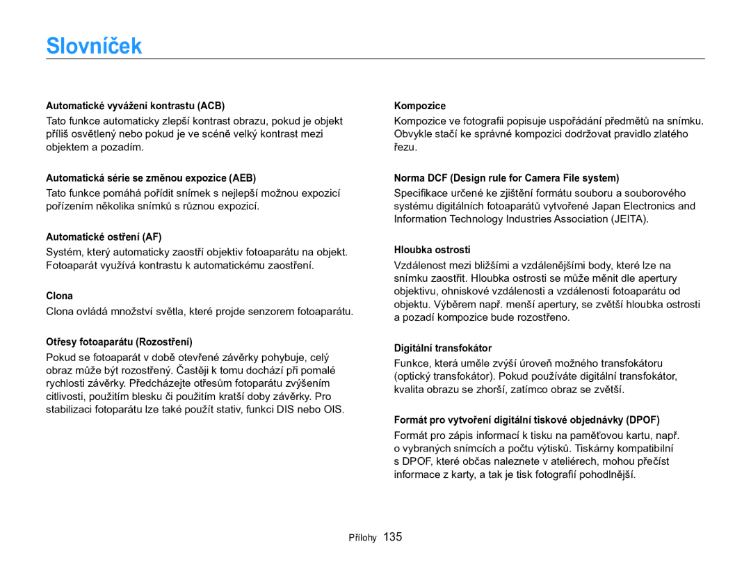 Samsung EC-MV800ZBPBE3 manual Slovníček 