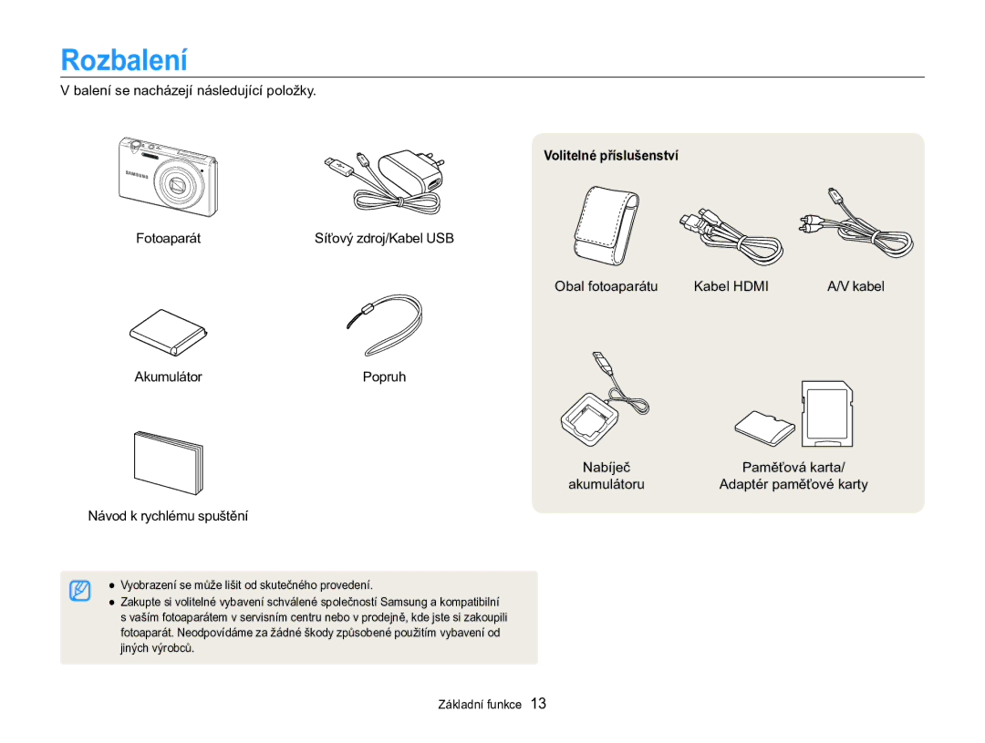 Samsung EC-MV800ZBPBE3 manual Rozbalení, Volitelné příslušenství 