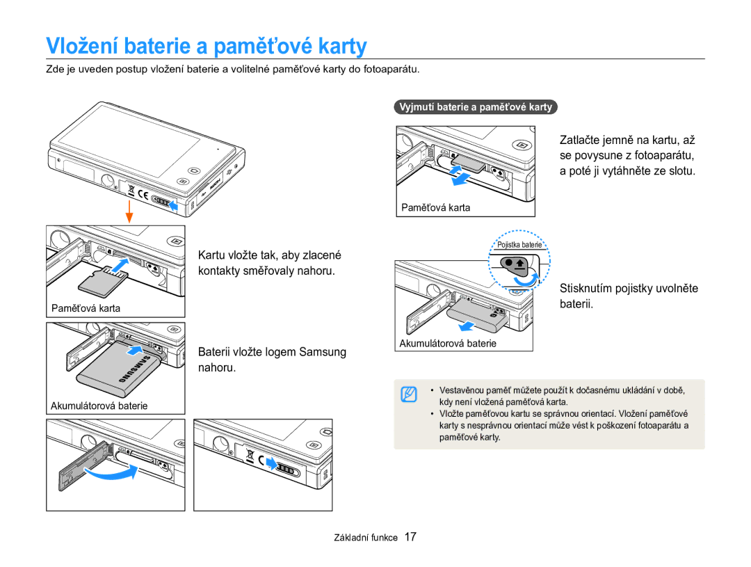 Samsung EC-MV800ZBPBE3 manual Vložení baterie a paměťové karty, Stisknutím pojistky uvolněte baterii, Paměťová karta 