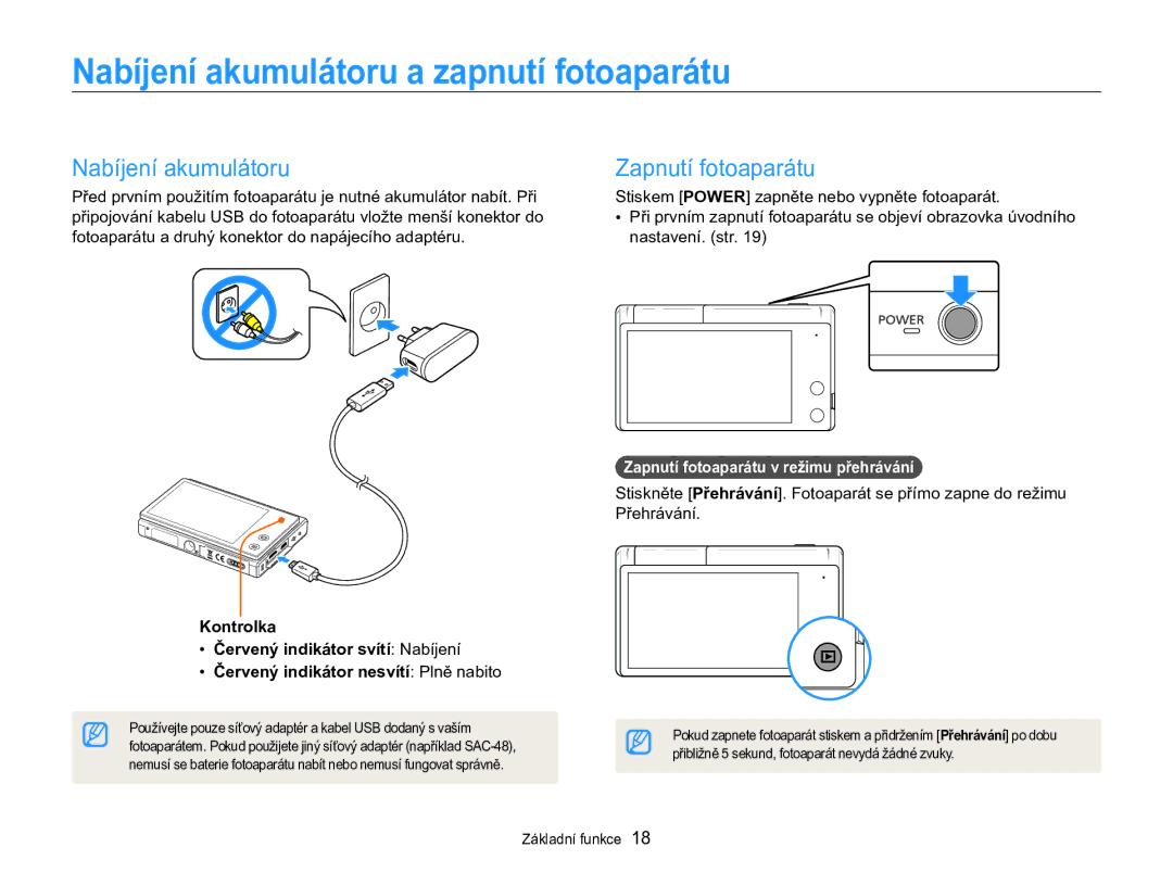 Samsung EC-MV800ZBPBE3 manual Nabíjení akumulátoru a zapnutí fotoaparátu, Zapnutí fotoaparátu 