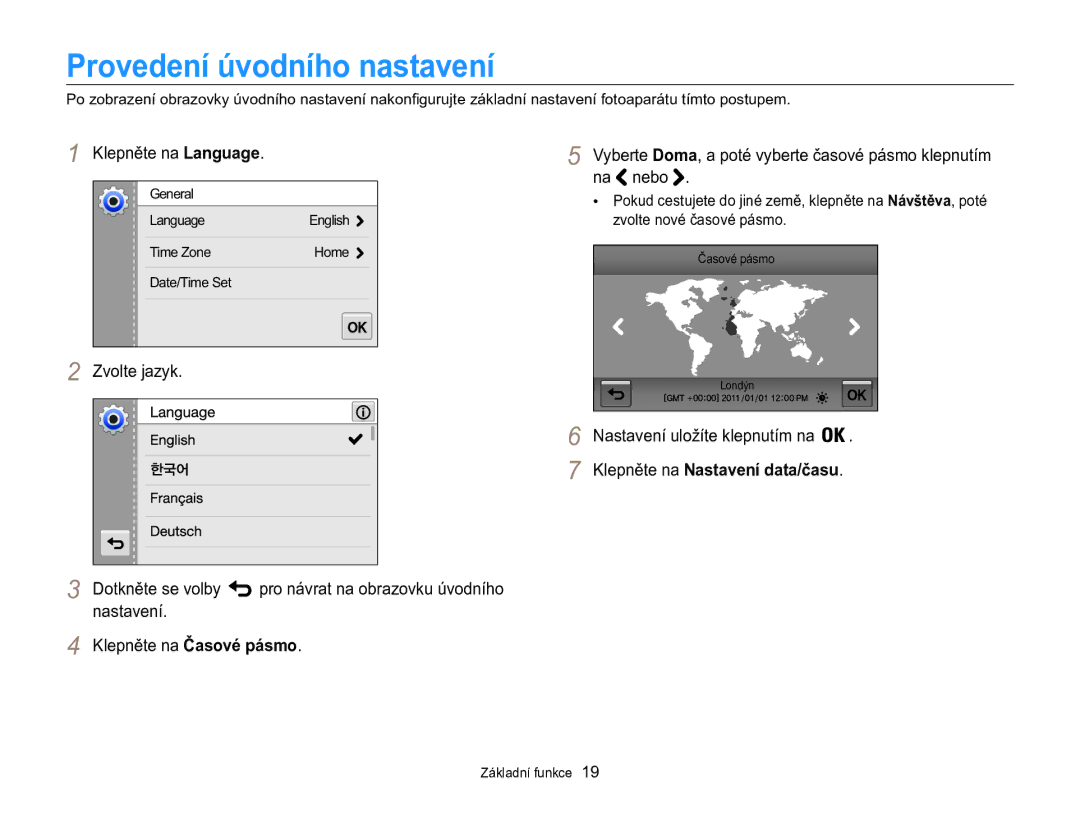 Samsung EC-MV800ZBPBE3 manual Provedení úvodního nastavení, Klepněte na Language, Nastavení uložíte klepnutím na 