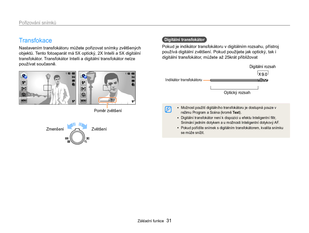 Samsung EC-MV800ZBPBE3 manual Transfokace, Pořizování snímků, Digitální transfokátor, Digitální rozsah, Optický rozsah 